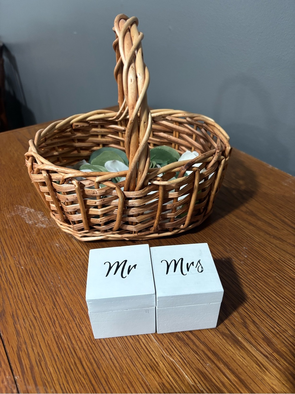 Handmade Wicker Basket with White Mr & Mrs Ring Boxes